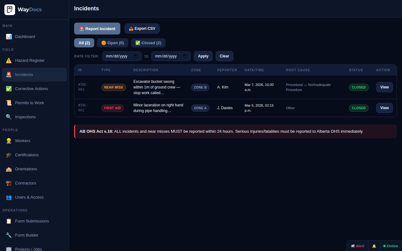 WayOS Incident Reporting — near miss and investigation workflow